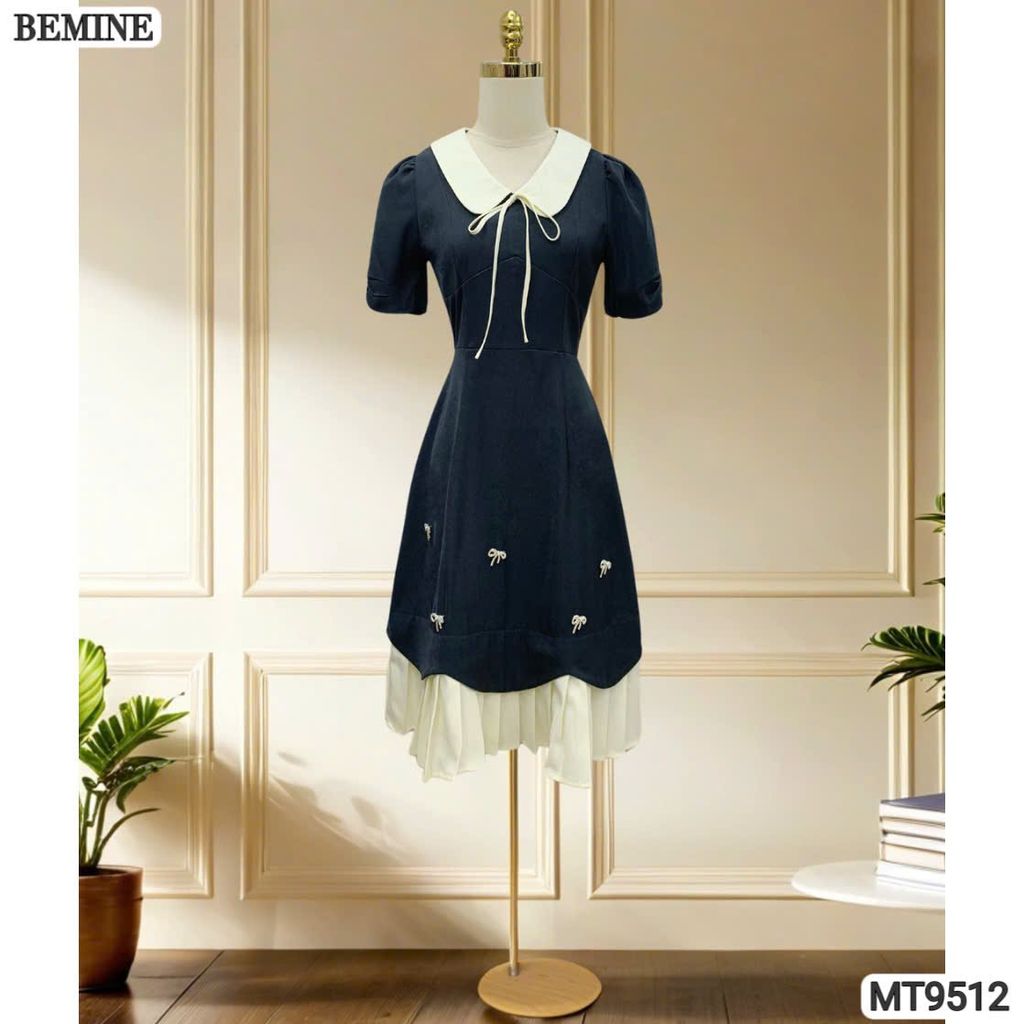 Đầm thiết kế BEMINE cổ sen đính nơ tùng xếp ly phù hợp đi chơi, đi dạo phố-MT9512