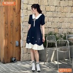 Đầm thiết kế BEMINE cổ sen đính nơ tùng xếp ly phù hợp đi chơi, đi dạo phố-MT9512