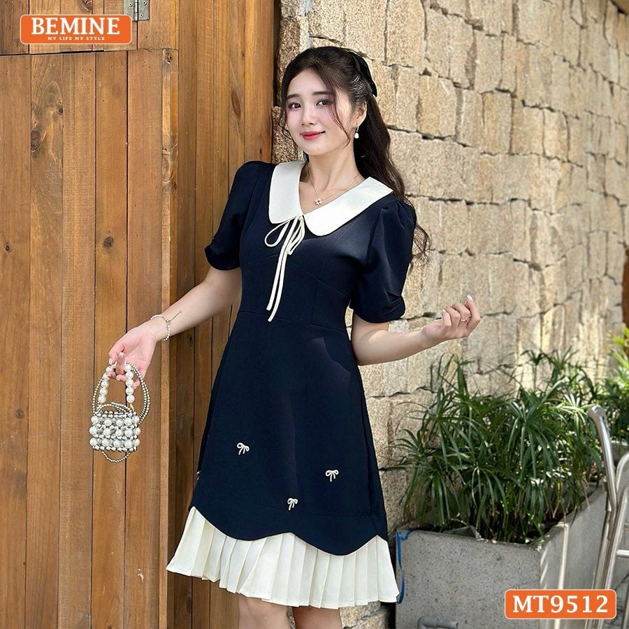 Đầm thiết kế BEMINE cổ sen đính nơ tùng xếp ly phù hợp đi chơi, đi dạo phố-MT9512
