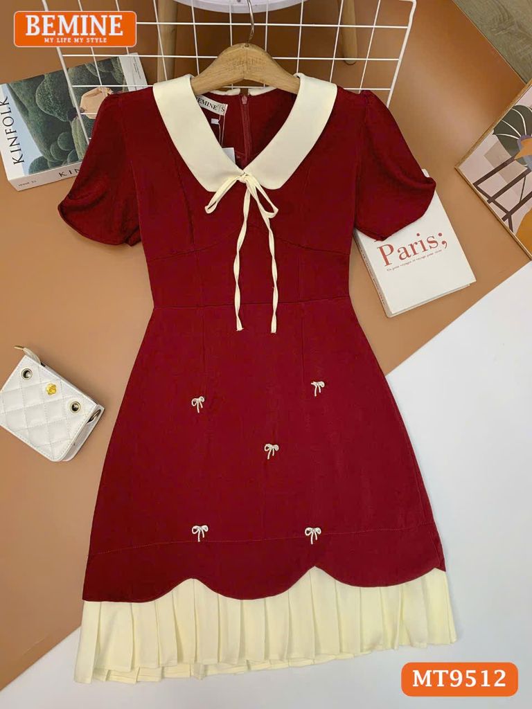 Đầm thiết kế BEMINE cổ sen đính nơ tùng xếp ly phù hợp đi chơi, đi dạo phố-MT9512
