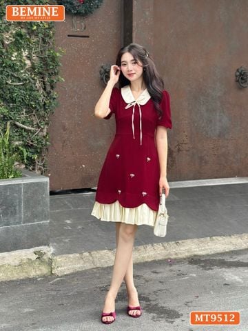 Đầm thiết kế BEMINE cổ sen đính nơ tùng xếp ly phù hợp đi chơi, đi dạo phố-MT9512