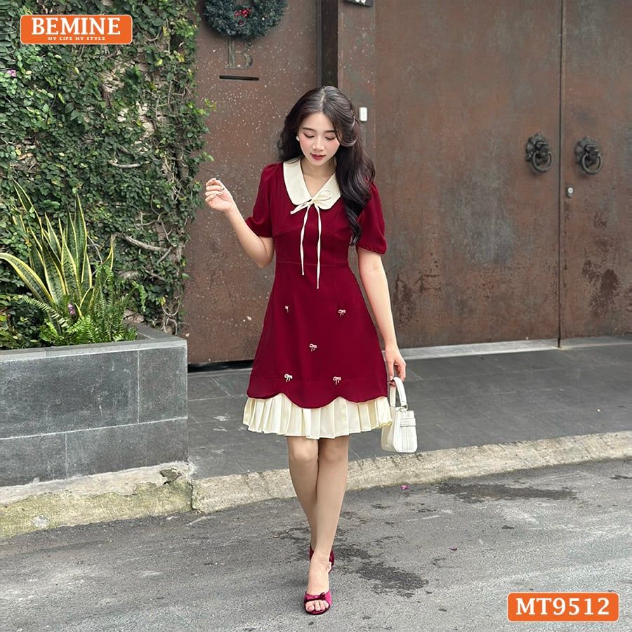 Đầm thiết kế BEMINE cổ sen đính nơ tùng xếp ly phù hợp đi chơi, đi dạo phố-MT9512