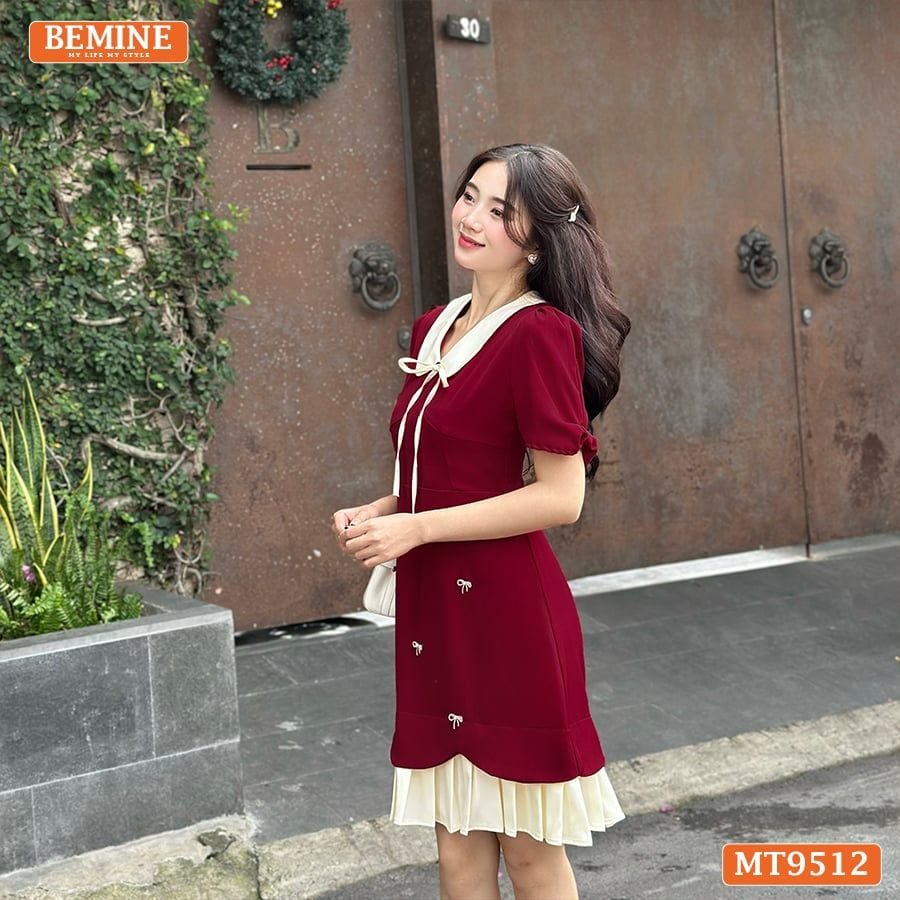 Đầm thiết kế BEMINE cổ sen đính nơ tùng xếp ly phù hợp đi chơi, đi dạo phố-MT9512