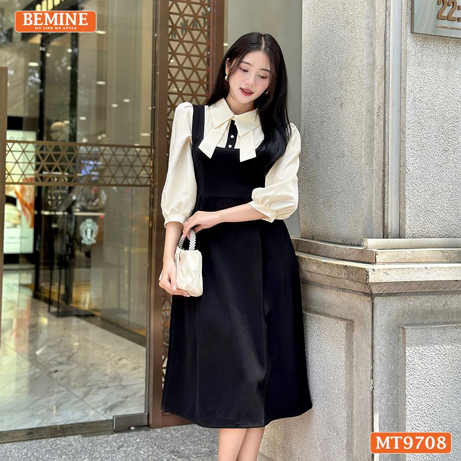 Đầm thiết kế BEMINE cổ sơ mi tai thỏ dáng chữ A tay dài phù hợp đi làm, đi chơi-MT9708