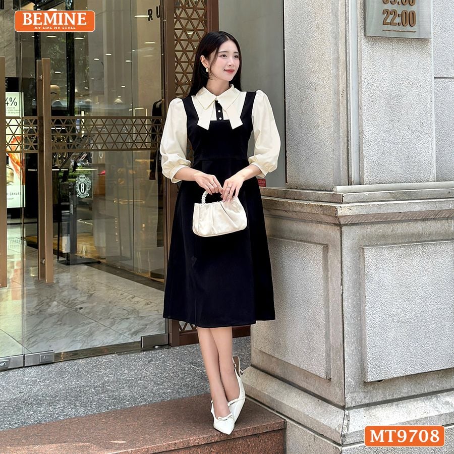 Đầm thiết kế BEMINE cổ sơ mi tai thỏ dáng chữ A tay dài phù hợp đi làm, đi chơi-MT9708