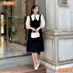 Đầm thiết kế BEMINE cổ sơ mi tai thỏ dáng chữ A tay dài phù hợp đi làm, đi chơi-MT9708