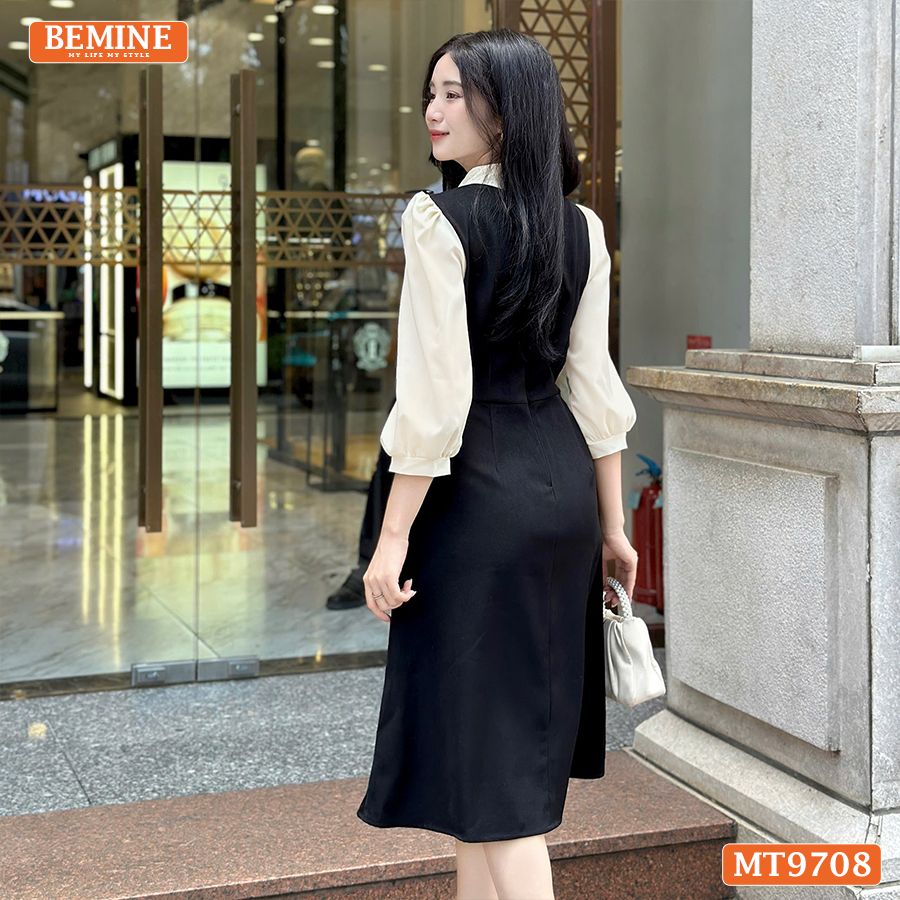Đầm thiết kế BEMINE cổ sơ mi tai thỏ dáng chữ A tay dài phù hợp đi làm, đi chơi-MT9708