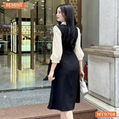 Đầm thiết kế BEMINE cổ sơ mi tai thỏ dáng chữ A tay dài phù hợp đi làm, đi chơi-MT9708