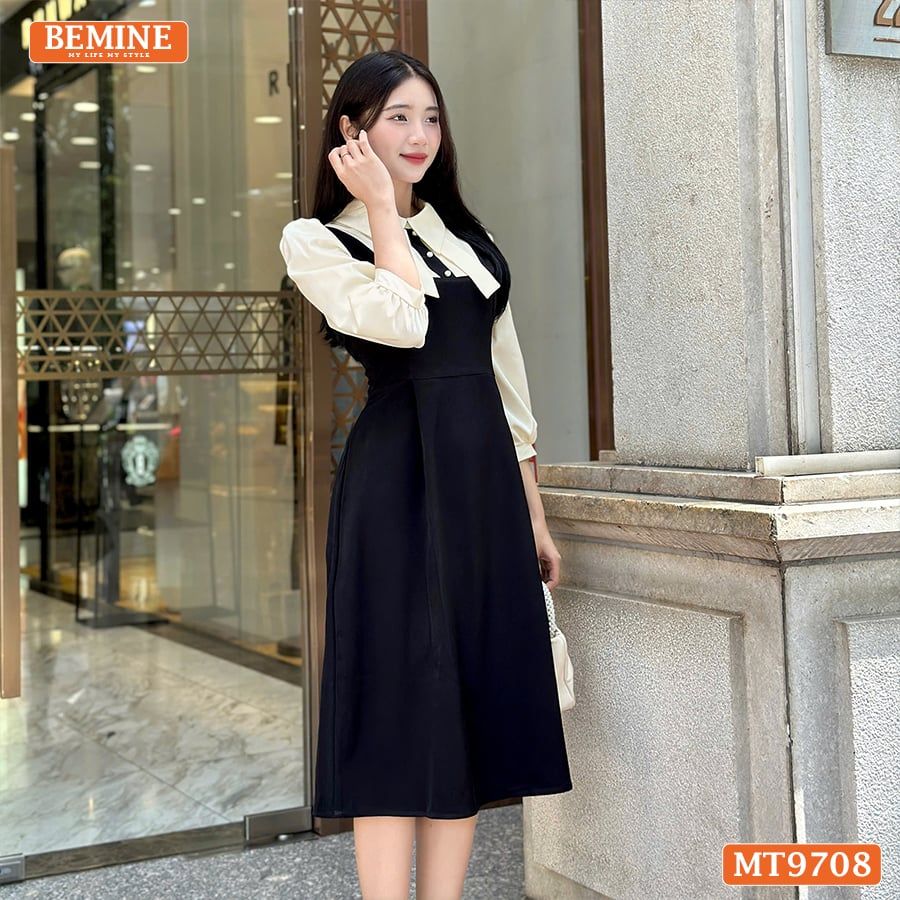 Đầm thiết kế BEMINE cổ sơ mi tai thỏ dáng chữ A tay dài phù hợp đi làm, đi chơi-MT9708