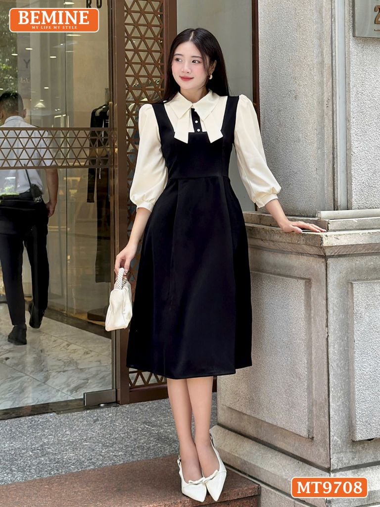 Đầm thiết kế BEMINE cổ sơ mi tai thỏ dáng chữ A tay dài phù hợp đi làm, đi chơi-MT9708