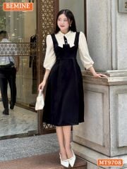 Đầm thiết kế BEMINE cổ sơ mi tai thỏ dáng chữ A tay dài phù hợp đi làm, đi chơi-MT9708