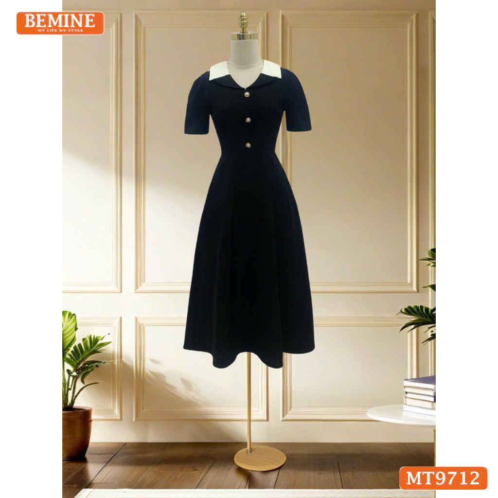 Đầm thiết kế BEMINE cổ kiểu dáng chữ A có nút phù hợp đi làm, đi dạo phố-MT9712