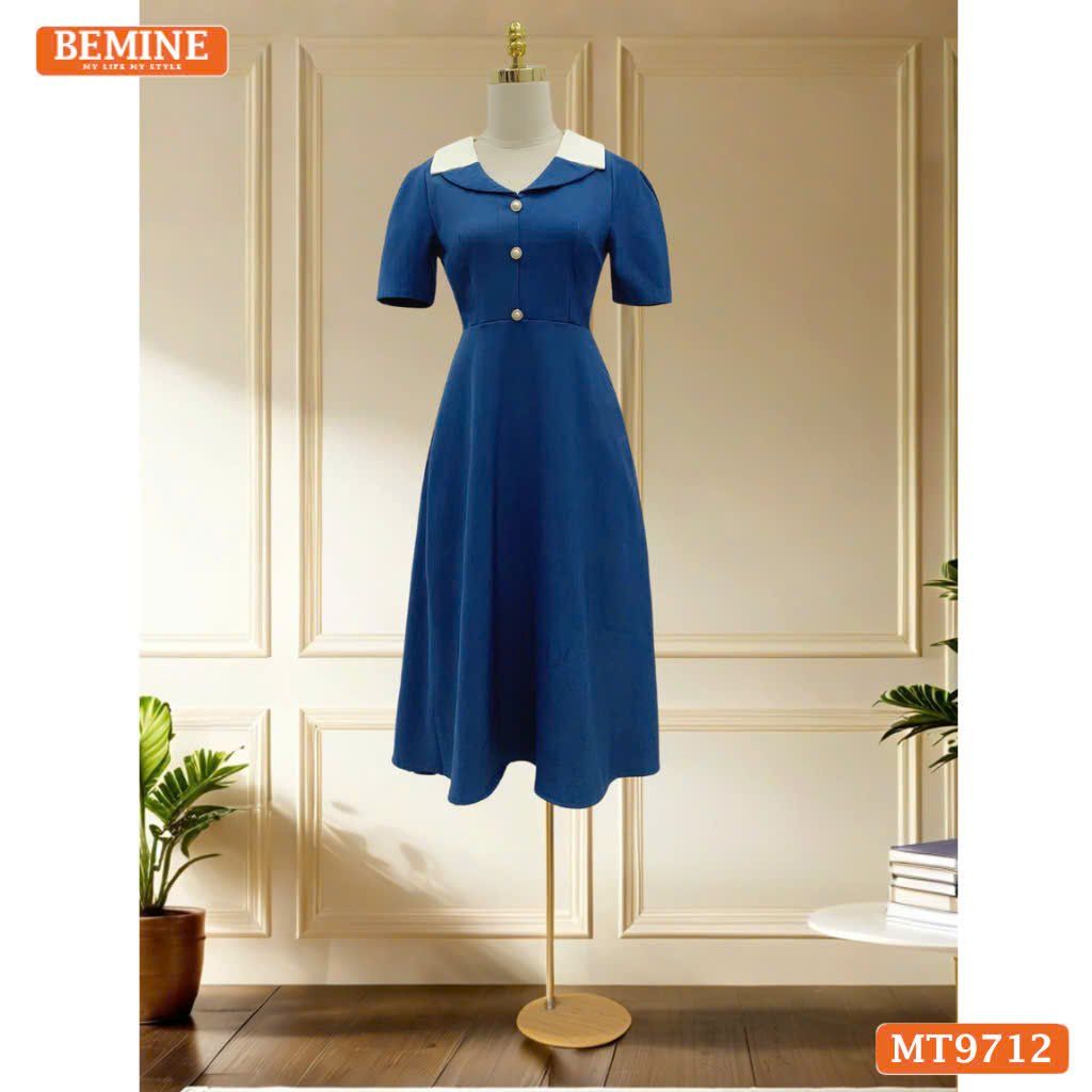 Đầm thiết kế BEMINE cổ kiểu dáng chữ A có nút phù hợp đi làm, đi dạo phố-MT9712