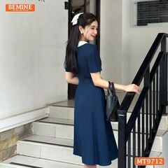 Đầm thiết kế BEMINE cổ kiểu dáng chữ A có nút phù hợp đi làm, đi dạo phố-MT9712