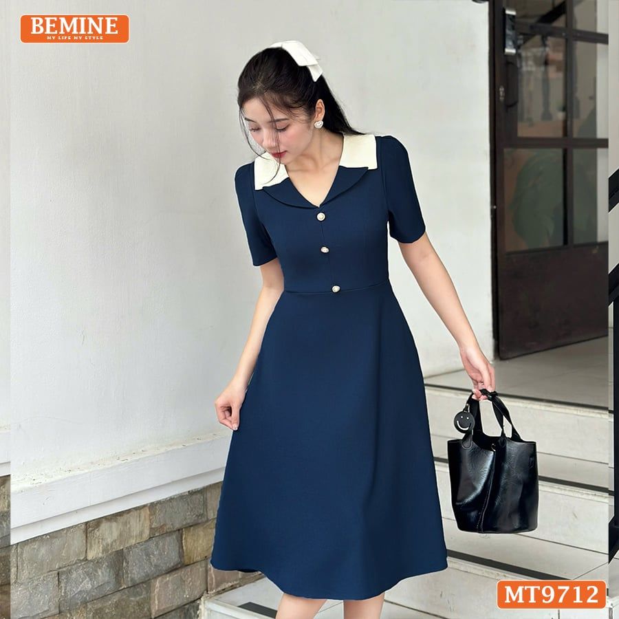 Đầm thiết kế BEMINE cổ kiểu dáng chữ A có nút phù hợp đi làm, đi dạo phố-MT9712