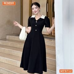 Đầm thiết kế BEMINE cổ kiểu dáng chữ A có nút phù hợp đi làm, đi dạo phố-MT9712