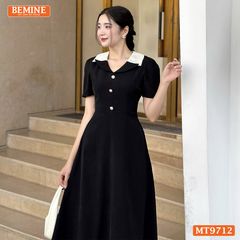 Đầm thiết kế BEMINE cổ kiểu dáng chữ A có nút phù hợp đi làm, đi dạo phố-MT9712