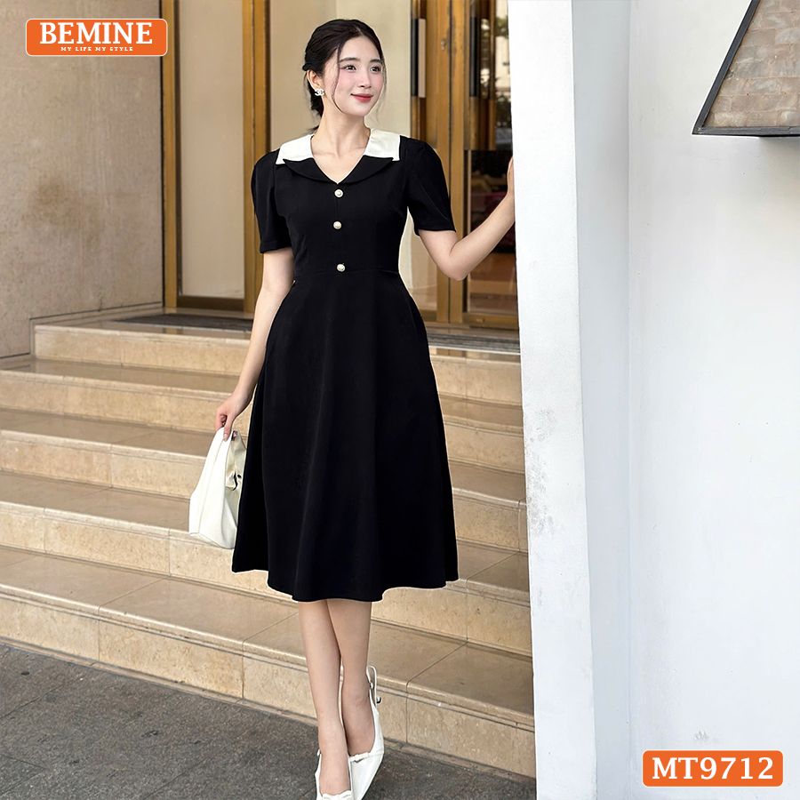 Đầm thiết kế BEMINE cổ kiểu dáng chữ A có nút phù hợp đi làm, đi dạo phố-MT9712
