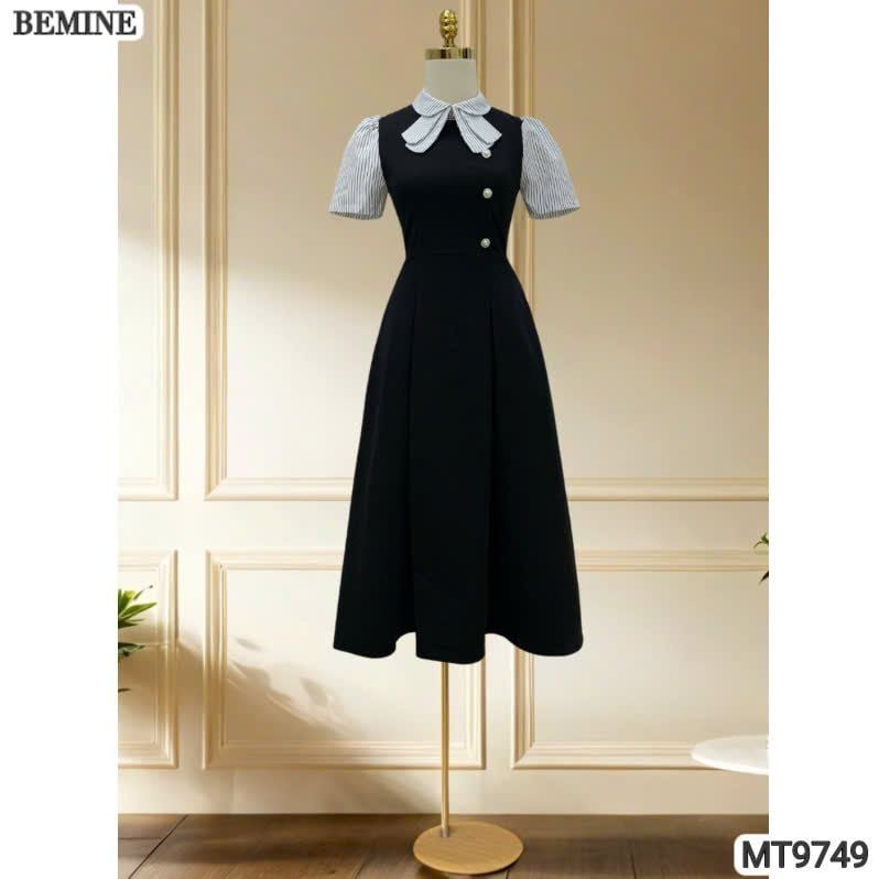 Đầm thiết kế BEMINE cổ sen có nơ may liền phối sọc dáng A xòe phù hợp đi làm, đi chơi-MT9749