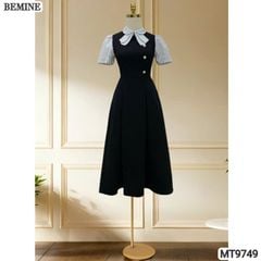 Đầm thiết kế BEMINE cổ sen có nơ may liền phối sọc dáng A xòe phù hợp đi làm, đi chơi-MT9749