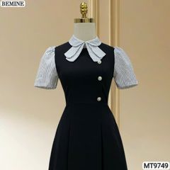Đầm thiết kế BEMINE cổ sen có nơ may liền phối sọc dáng A xòe phù hợp đi làm, đi chơi-MT9749