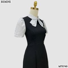 Đầm thiết kế BEMINE cổ sen có nơ may liền phối sọc dáng A xòe phù hợp đi làm, đi chơi-MT9749