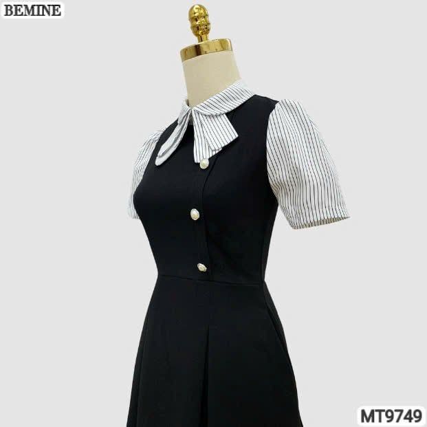 Đầm thiết kế BEMINE cổ sen có nơ may liền phối sọc dáng A xòe phù hợp đi làm, đi chơi-MT9749