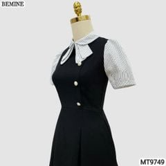 Đầm thiết kế BEMINE cổ sen có nơ may liền phối sọc dáng A xòe phù hợp đi làm, đi chơi-MT9749