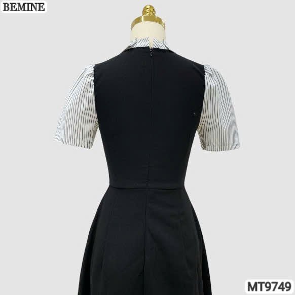 Đầm thiết kế BEMINE cổ sen có nơ may liền phối sọc dáng A xòe phù hợp đi làm, đi chơi-MT9749
