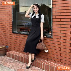 Đầm thiết kế BEMINE cổ sen có nơ may liền phối sọc dáng A xòe phù hợp đi làm, đi chơi-MT9749