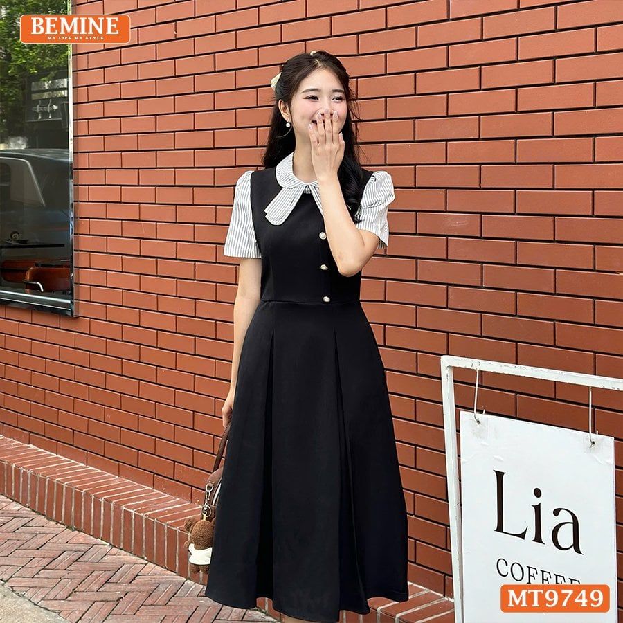 Đầm thiết kế BEMINE cổ sen có nơ may liền phối sọc dáng A xòe phù hợp đi làm, đi chơi-MT9749