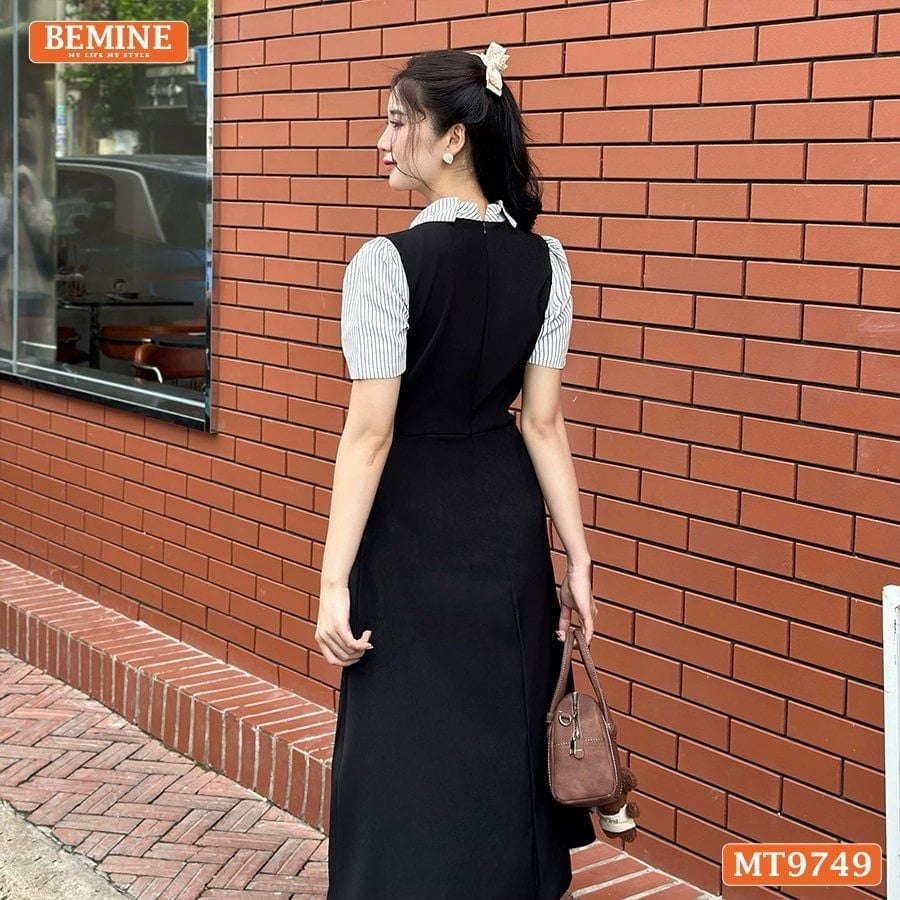 Đầm thiết kế BEMINE cổ sen có nơ may liền phối sọc dáng A xòe phù hợp đi làm, đi chơi-MT9749