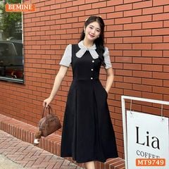 Đầm thiết kế BEMINE cổ sen có nơ may liền phối sọc dáng A xòe phù hợp đi làm, đi chơi-MT9749