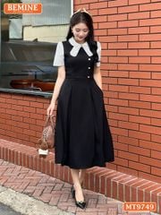 Đầm thiết kế BEMINE cổ sen có nơ may liền phối sọc dáng A xòe phù hợp đi làm, đi chơi-MT9749