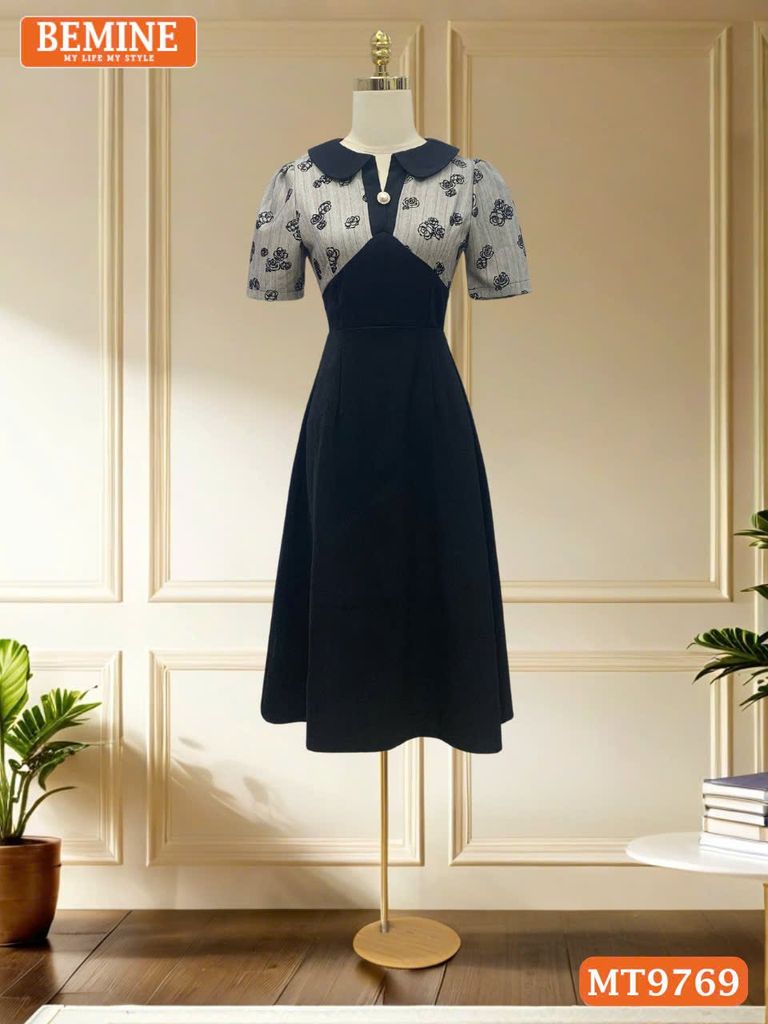 Đầm thiết kế BEMINE cổ sen xẻ V dáng A phù hợp đi làm, đi chơi-MT9769