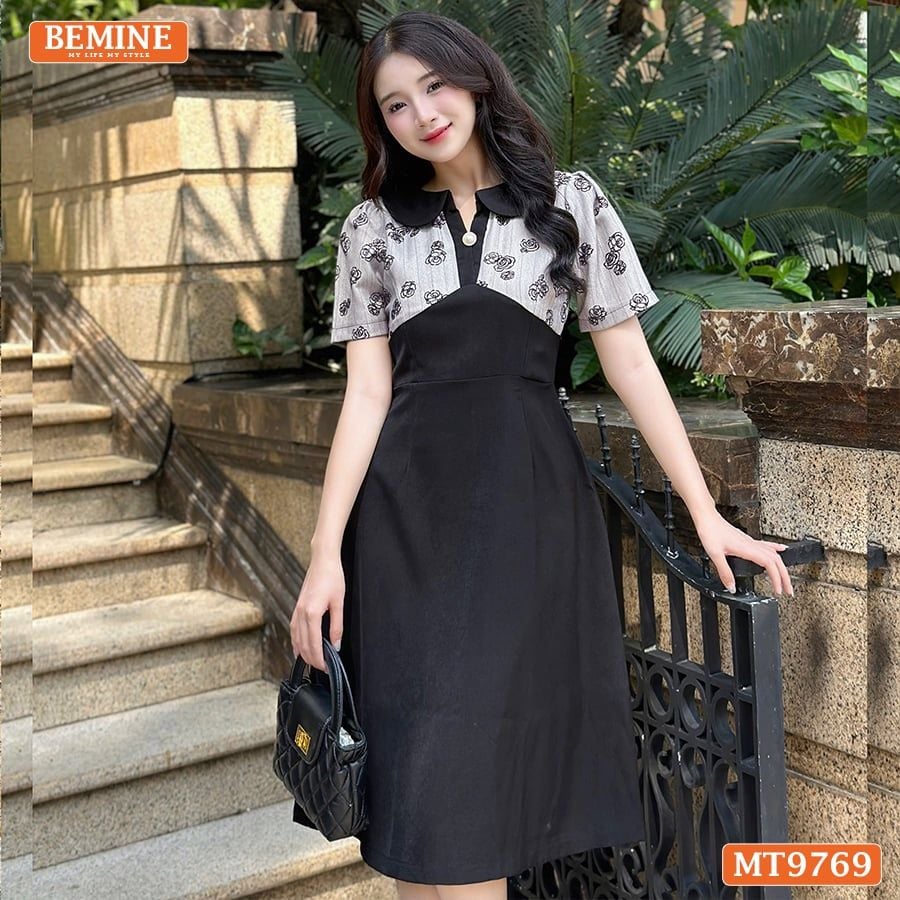 Đầm thiết kế BEMINE cổ sen xẻ V dáng A phù hợp đi làm, đi chơi-MT9769