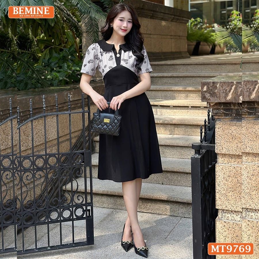 Đầm thiết kế BEMINE cổ sen xẻ V dáng A phù hợp đi làm, đi chơi-MT9769