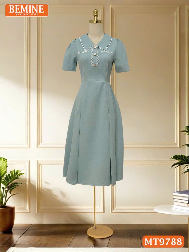 Đầm thiết kế BEMINE cổ sen viền ren dáng A xòe đính nút phù hợp đi chơi, đi dạo phố-MT9788