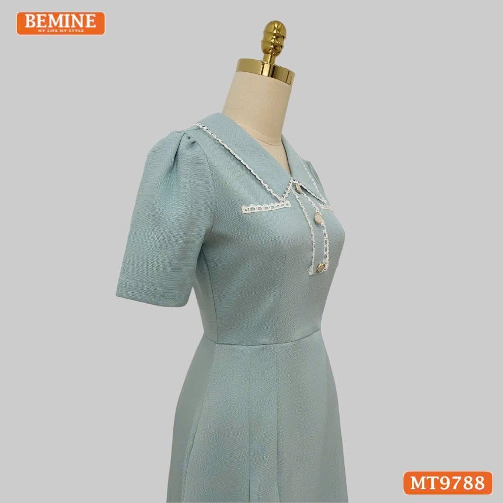 Đầm thiết kế BEMINE cổ sen viền ren dáng A xòe đính nút phù hợp đi chơi, đi dạo phố-MT9788