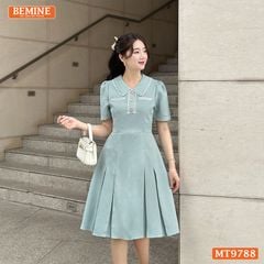 Đầm thiết kế BEMINE cổ sen viền ren dáng A xòe đính nút phù hợp đi chơi, đi dạo phố-MT9788