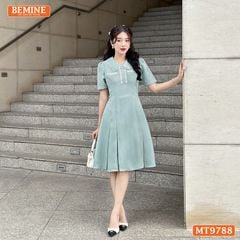 Đầm thiết kế BEMINE cổ sen viền ren dáng A xòe đính nút phù hợp đi chơi, đi dạo phố-MT9788