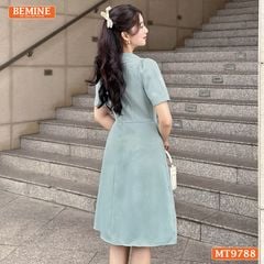 Đầm thiết kế BEMINE cổ sen viền ren dáng A xòe đính nút phù hợp đi chơi, đi dạo phố-MT9788