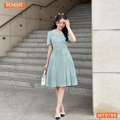 Đầm thiết kế BEMINE cổ sen viền ren dáng A xòe đính nút phù hợp đi chơi, đi dạo phố-MT9788