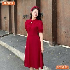 Đầm thiết kế BEMINE cổ trụ viền ren dáng dài có dây nơ phù hợp đi làm, đi chơi-MT9792