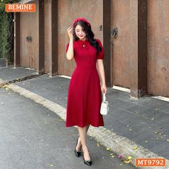 Đầm thiết kế BEMINE cổ trụ viền ren dáng dài có dây nơ phù hợp đi làm, đi chơi-MT9792