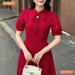 Đầm thiết kế BEMINE cổ trụ viền ren dáng dài có dây nơ phù hợp đi làm, đi chơi-MT9792