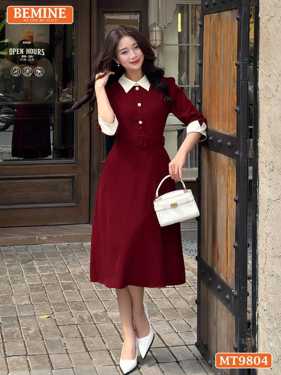 Đầm thiết kế BEMINE cổ đức dáng A xòe tay lửng đính cúc phù hợp đi làm, đi chơi-MT9804