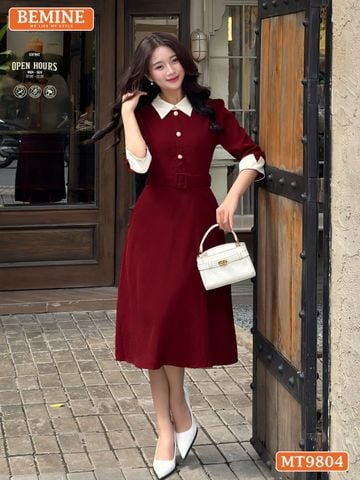 Đầm thiết kế BEMINE cổ đức dáng A xòe tay lửng đính cúc phù hợp đi làm, đi chơi-MT9804