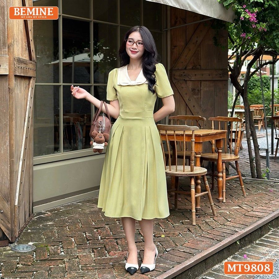 Đầm thiết kế BEMINE cổ phối nơ dáng xòe dài phù hợp đi làm, đi chơi-MT9808