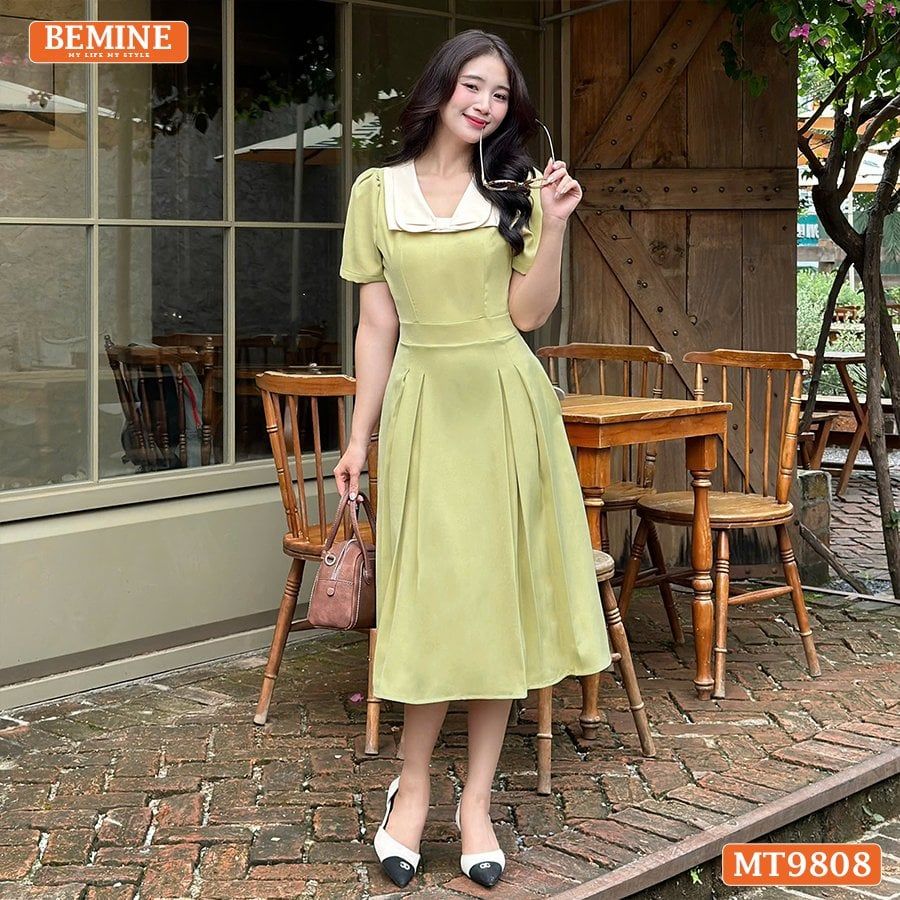 Đầm thiết kế BEMINE cổ phối nơ dáng xòe dài phù hợp đi làm, đi chơi-MT9808